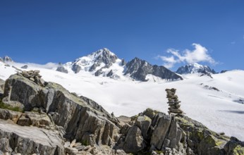 Cairn, High alpine mountain landscape, Glacier du Tour, Glacier and mountain peak, Summit of the