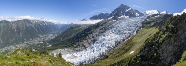 Panorama, mountain landscape with glacier Glacier des Bossons and summit of the Aiguille du Midi,