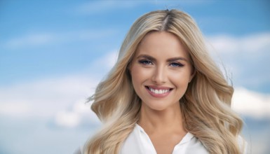 Attractive blonde woman with beautiful teeth, make up, studio, AI generated