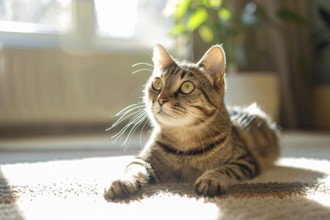 Ginger cat relaxing on carpet in sun in domestic room. Generative Ai, AI generated