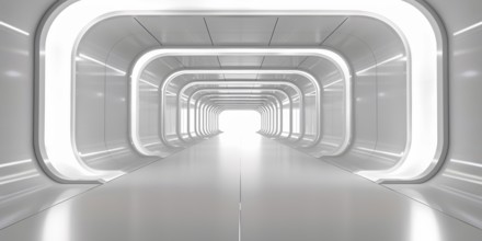 Futuristic long white hallway with lamps. Generative AI, AI generated