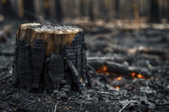 Black burned tree stump in forest. Generative Ai, AI generated