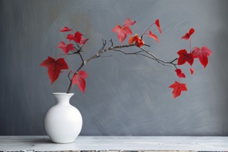 White vase with tree branch with red autumn leaves. Generative Ai, AI generated