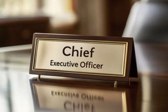 Desk sign with text 'Chief executive Officer' on desk in office. Generative Ai, AI generated