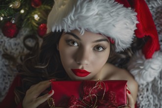 Beautiful young woman with red santa hat holding Christmas present. Generative Ai, AI generated