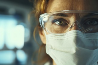 Middle aged female scientist with face mask and protective glasses. Generative Ai, AI generated