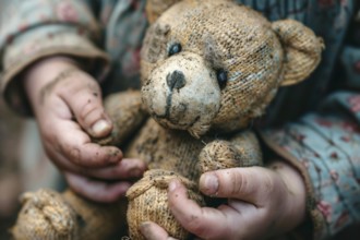 Close up of damaged and dirty teddy bear toy held by child. Generative Ai, AI generated