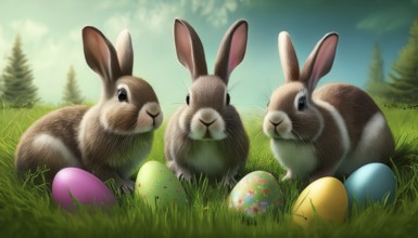 Three bunnies as Easter bunnies with colourful Easter eggs in fresh green grass, AI-generated