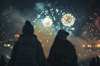 Back view of 2 young people in winter clothes celebrating new year with fireworks. Generative Ai,