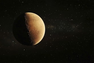 Red planet Mars in black sky with stars. Generative Ai, AI generated