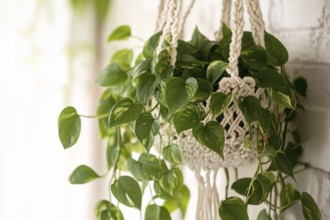 Golden photos houseplant in makrame boho plant hanger. Generatiev Ai, AI generated