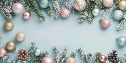 Christmas flatlay with blue, gold and pink colored tree baubles with fir branches on pastel