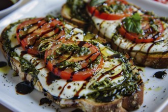 Slices of bread with mozarella cheese, pesto and tomato slices. Generative AI, AI generated