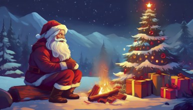 Illustration Father Christmas at the campfire next to presents under the Christmas tree in a winter