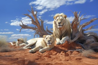 Lions resting under a dead tree, Africa, AI generated