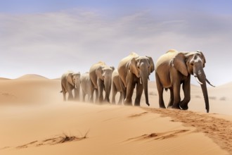 Desert elephants walking on top of a sand dune, Africa, AI generated