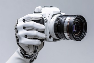 White android hand holding photo camera. Concept for photography created by artificial intelligence