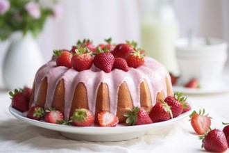 Bundt cake with pink glazing and fresh strawberry fruits. KI generiert, generiert AI generated