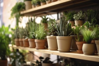 Different tropical houseplants ons helf in plant nursery shop. KI generiert, generiert AI generated