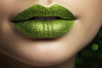 Woman's lips with green St. Patrick's day makeup lipstick with glitter. KI generiert, generiert AI