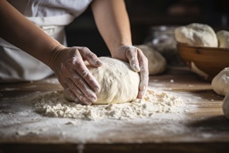 Hands of mankneading dough for bread in bakery. KI generiert, generiert AI generated