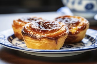 Pastel de Nata or pastel de Belém, a traditional Portuguese egg custard tart pastry. KI generiert,