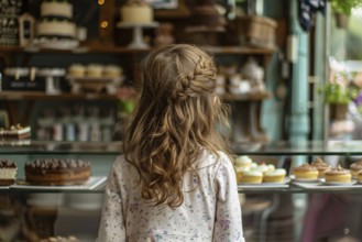 Young child looking at various cakes and cupcakes in pastry shop. KI generiert, generiert, AI