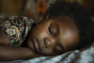 Close up of face of sleeping young black girl child. KI generiert, generiert, AI generated