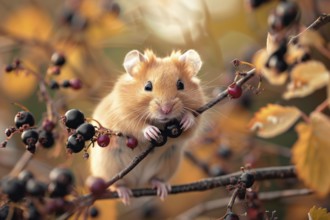 Cute hamster sitting in tree with berry fruits. KI generiert, generiert, AI generated