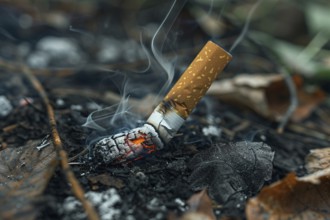 Burning cigarette butt on forest ground risking fire. KI generiert, generiert, AI generated