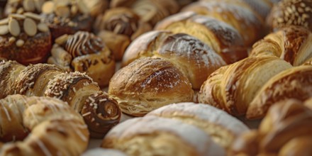 Close up of different baked pastries. KI generiert, generiert, AI generated