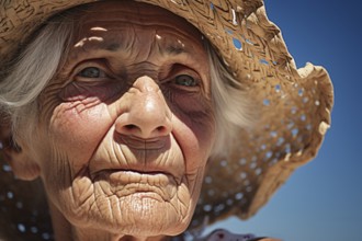 Face of very old wrinkled woman with summer straw hat in sun. KI generiert, generiert KI generiert,