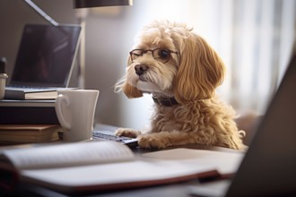 Small dog with glasses working at desk in office. KI generiert, generiert AI generated