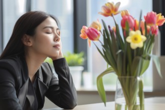 A businesswoman sits dozing at a table, next to her is a vase of flowers with tulips and daffodils,