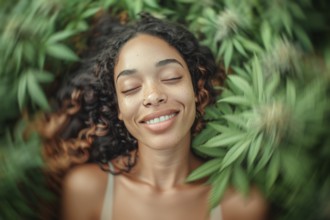 Teenager in an intoxicated state in a hemp field, surrounded by hemp leaves, cannabis, industrial