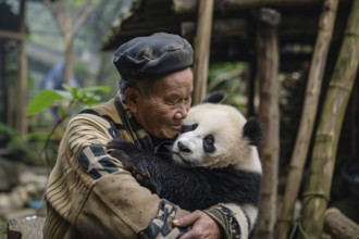 Elderly Chinese man holding a Giant Panda bear cub. KI generiert, generiert, AI generated