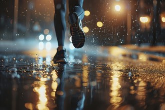 A jogger runs along a road at night in rainy weather, accident risk, risk sport, AI generated, AI