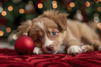 Cute dog puppy with red Christmas tree bauble. Generative AI, AI generated