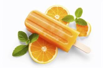 Orange popsicle on white background. KI generiert, generiert, AI generated