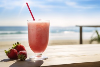 Strawberry Daiquiry cocktail on table at beach. KI generiert, generiert, AI generated