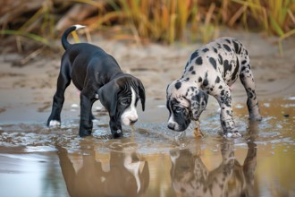 Two cute Great Dane pups in the water, AI generated