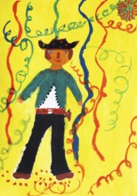 Naive illustration, children's drawing, child in cowboy costume at carnival