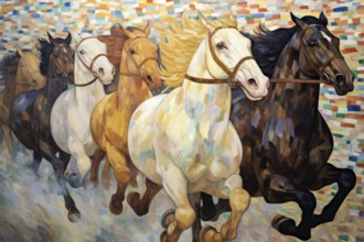 Group of colorful galloping horses in painting style, AI generated