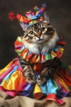 Bengal cat dressed in colorful carnival clothing, AI generated