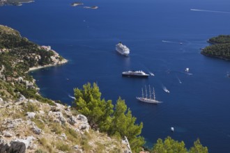 High angle view of cruise ships and sailboats on the Adriatic sea taken from Mount Srd, Dubrovnik,