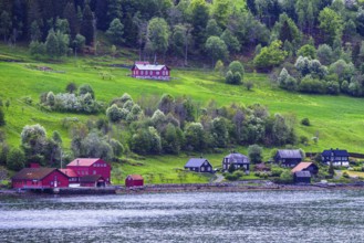 Mountains and Fjord over Norwegian Village, Olden, Innvikfjorden, Norway, Europe