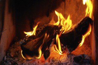 Burning wood in the fireplace with bright flames and embers that radiate warmth, Sweden, Europe