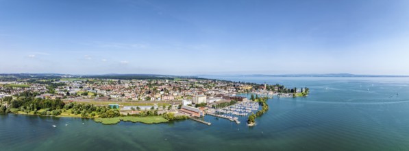 Harbour area, ferry port, yacht harbour, marina of Romanshorn with lake park, aerial view,