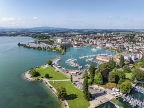 Harbour area, ferry port, yacht harbour, marina of Romanshorn with lake park, aerial view, Lake