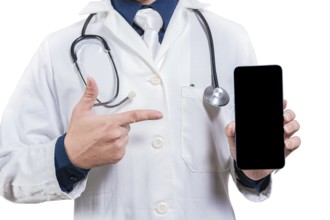 Doctor hands recommending on cell phone screen isolated. Doctor showing and pointing to blank cell